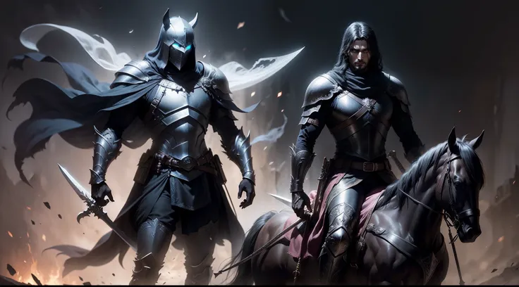 Warrior dark knight Man holding a sword Magical in hand mounted on a ghost horse concept art fantasy