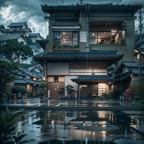 suburban modern Japanese village, modern Japanese architecture. modern houses. Japanese coffee shop. modern architecture. Best quality. No one in sight. Anime. Anime style. lofi. dramatic weather. wide view. raining, gloomy weather, heavy rain, puddles of ...