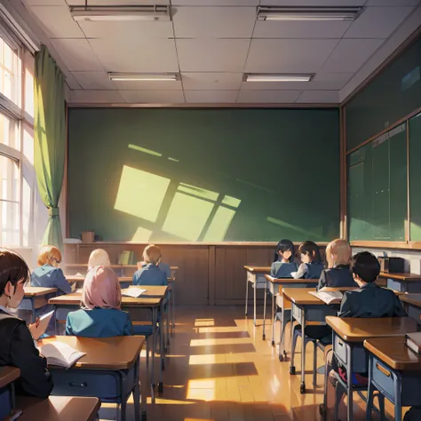 A group of students sit in a classroom reading a book