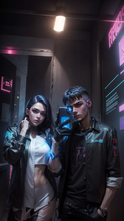 Change background cyberpunk hot boy and girl, realistic face, 8k, ultra realistic,