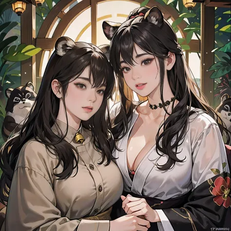 Two women in their 20s、 Fantasia、offcial art, unity 8k wall paper, ultra-detailliert, beautifly、Aesthetic, ​masterpiece, top-quality、high-detail、A hyper-realistic、Photorealsitic、Braids、Bunching hair、Black eyes、Tanuki face、Tanuki Girl、Tanuki ears、Raccoon ta...