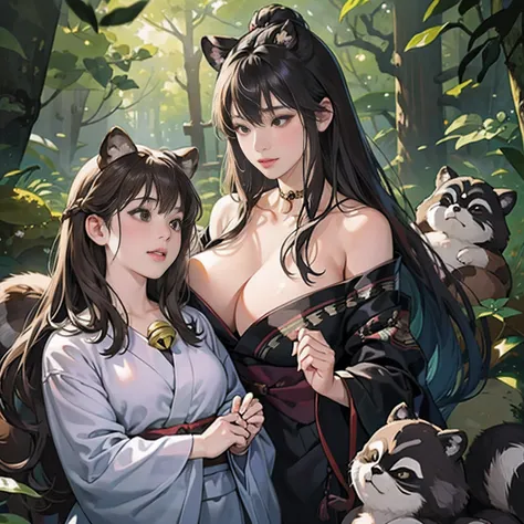 Two women in their 20s、 Fantasia、offcial art, unity 8k wall paper, ultra-detailliert, beautifly、Aesthetic, ​masterpiece, top-quality、high-detail、A hyper-realistic、Photorealsitic、Braids、Bunching hair、Black eyes、Tanuki face、Tanuki Girl、Tanuki ears、Raccoon ta...