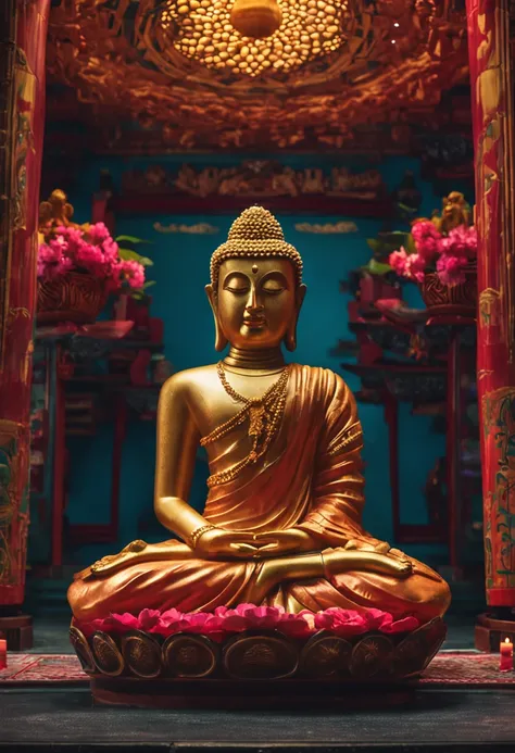 Images of an altar with a Buddha statue and a person sitting in meditation