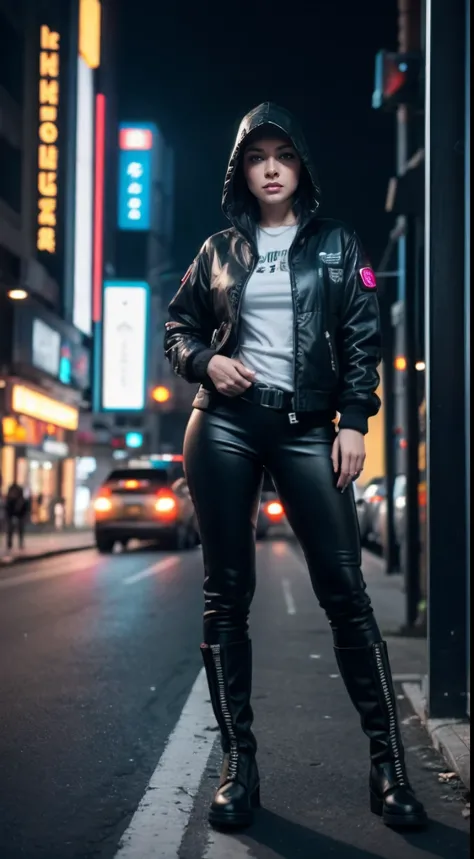 Tron, cyberpunk portrait photography, beautiful young woman looking off camera in glowing neon, futuristic tactical hood jacket, tactical boots, super realistic face, proper eye position, natural skin, soft light, rim light, hips, in road side, detailed ba...