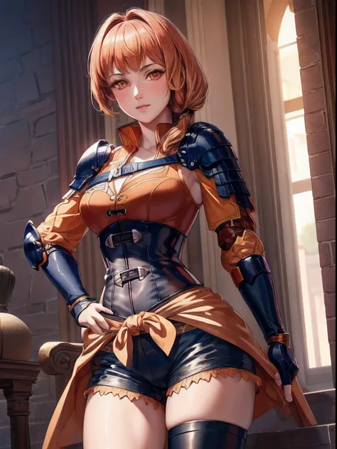 masterpiece, ultra high quality cg, best quality, leonie pinelli, hair over shoulder, orange shirt, shoulder armor, fingerless gloves, black shorts, lace, black corset, panties