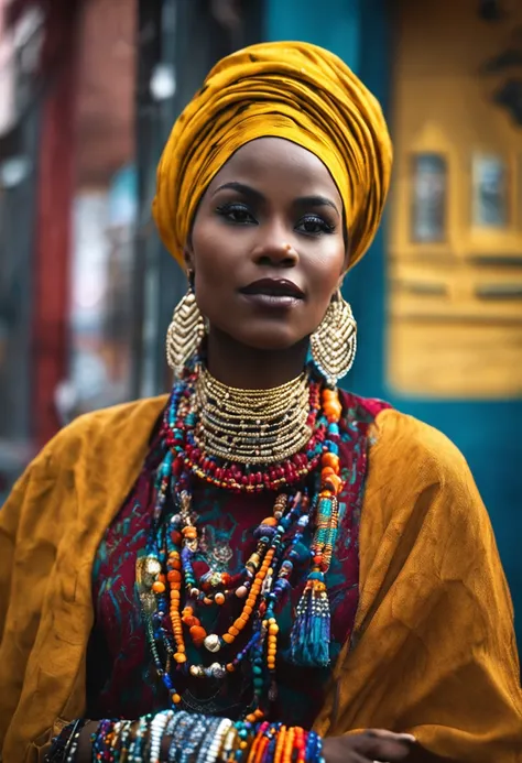 portrait of a young very beautiful hausa woman, in front of a market, rich colorful clothes, turban and golden hausa jewelry, close up, regal pose and attitude