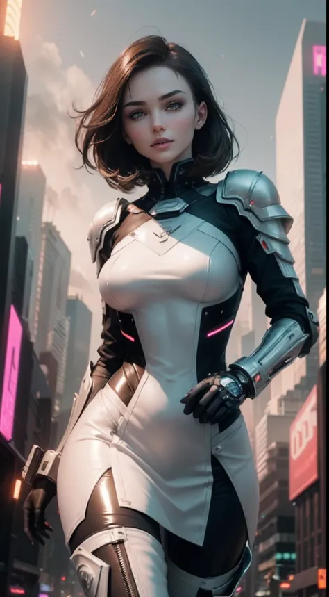 ((cate: similar to miranda kerr 24 yo & perfect face & seductive look & white cyberpunk dress & full armor with pants & ultra-de...