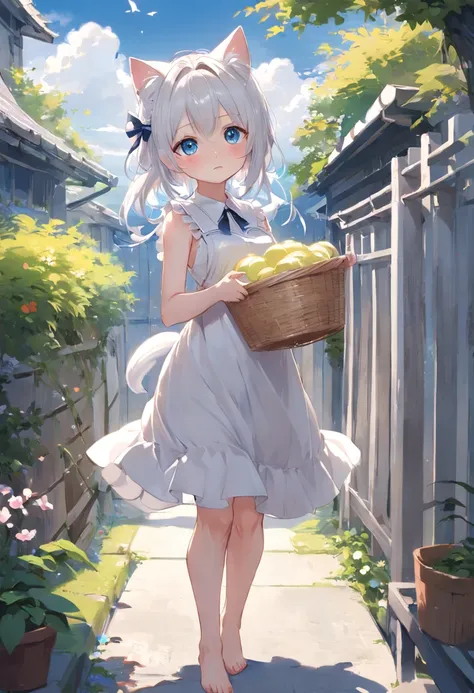 Cat-eared girl in white dress standing in garden, BREAK，silber hair，blue eyes，(((Sleeveless)))，Hang the laundry to dry，Holding a laundry basket with clothes，loli in dress, small curvy loli, artwork in the style of guweiz, guweiz on pixiv artstation, guweiz...