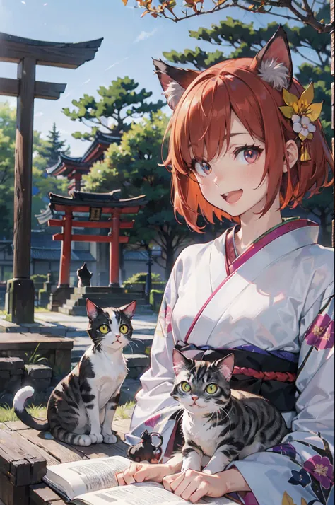 masutepiece, Best Quality, Detailed beautiful face and eyes, Full body, The best illustrations, PastelColors, (jpn、Shrine 1.4), Red torii gate, beauitful face, blurry backround, 10 year old beautiful girl, shinny skin, (１The tail of a cat in a book grows:1...