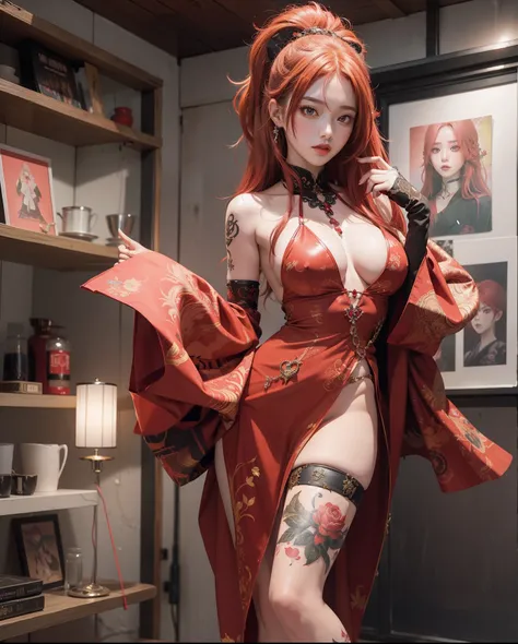 Ultra High Definition 2D Art、a closeup(1womanl)、Light red hair、Unified fashion in red、2 d anime style、Soft and delicate depiction、Also note the red tattoo on her whole body(Full Body Art)、In landscape mode、A masterpiece by Guweiz and James Jean、TATTOO EXPE...