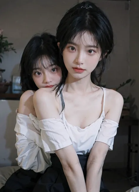 best qualtiy， 超高分辨率， （realisticlying：1.4），  2 girls， A pair of peach blossom eyes，Off-shoulder white shirt， Black tight skirt， Hug together， （Faded gray-gray hair：1.4）， （big cleavage breasts：1.2）， looking at viewert， closeup cleavage ，