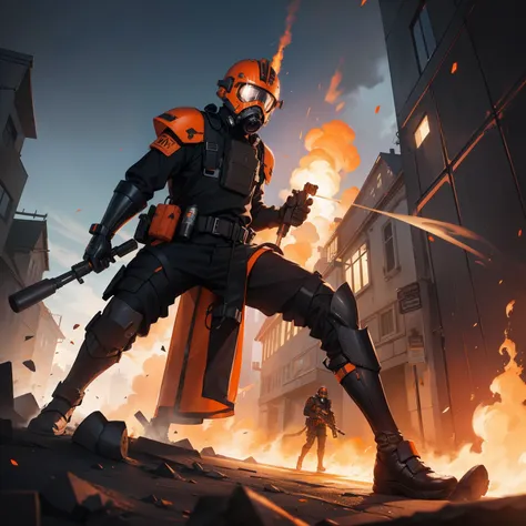 A guy wearing dark-colored tech armor with orange accents, using a flamethrower-like weapon in place of his right hand and wearing a German helmet and a gas mask.