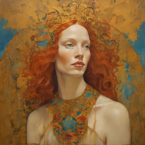 Close-up of a red-haired woman with dark eyes and a golden background, reine nordique, Inspired by James Christensen, art nouveau , inspired by James C. Christensen, style Gustav Klimt, une belle  fantastique, Ancient goddess , inspired by Tosa Mitsunobu, ...