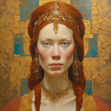 Close-up of a red-haired woman with dark eyes and a golden background, reine nordique, Inspired by James Christensen, art nouveau , inspired by James C. Christensen, style Gustav Klimt, une belle  fantastique, Ancient goddess , inspired by Tosa Mitsunobu, ...