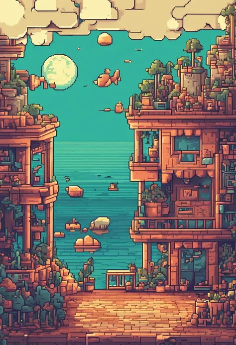 Pixel art de uma lua enorme nascendo no mar calmo, bela arte detalhada do pixel, pixel art detalhado, lo-fi retro videogame, Conceito PixelArt, arte detalhada do pixel, estilo pixel art, cidade de pixel, pixel art animation, pixel art de alta qualidade, st...