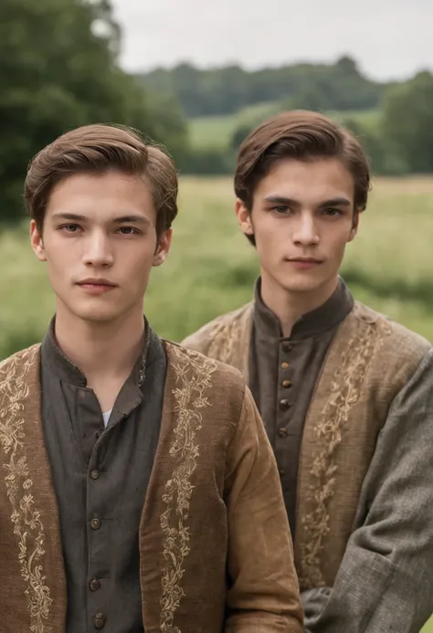 retrato  de 2 homens jovem e bonitos
tradicional, vestido roupas de homens do  simples do campo 
imagem de rosto 
bonitos
22 anos de idade, 
fanatical face, 
in the green field in the background 
sharp focus, 
Studio Photography, 
detalhes intrincados, 
al...