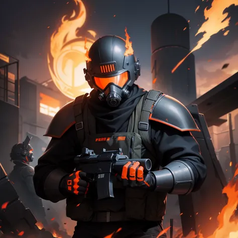 A guy wearing dark-colored tech armor with orange accents, using a giant weapon in place of his right hand that throws flames, wearing a German helmet and a gas mask.