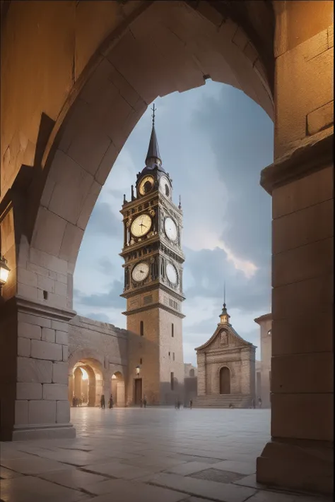 an ancient city square at dusk, hyperrealistic photo, steampunk clock tower, cloudy sky