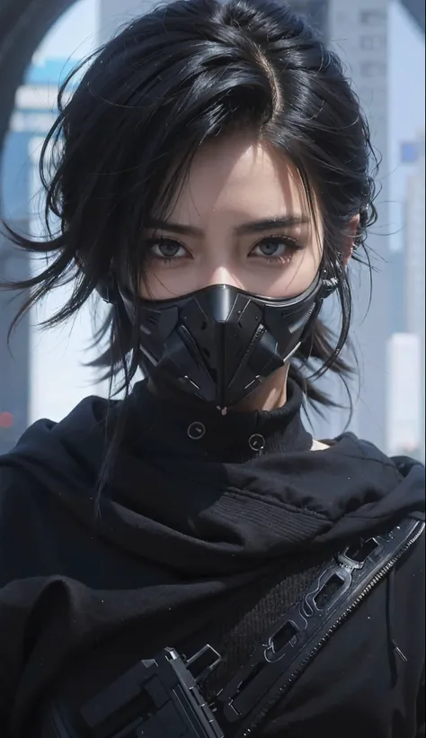 arafed woman wearing a black mask and a black jacket, beautiful cyberpunk girl face, cyberpunk anime girl in hoodie, cyberpunk anime girl, hyper-realistic cyberpunk style, dreamy cyberpunk girl, female cyberpunk anime girl, digital cyberpunk anime art, art...