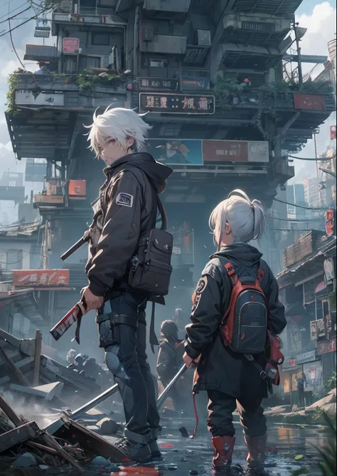 1boy,a 13 yo boy、Cyberpunk Boy、katanas,machine gun、silber hair、Spiky hairstyle、Whole body bloody、Back lighting,The beginning of the adventure、Lots of clouds,heavy fog、Chaotic city of the future、ruined and devastated city、dystopian、A very complex group of C...