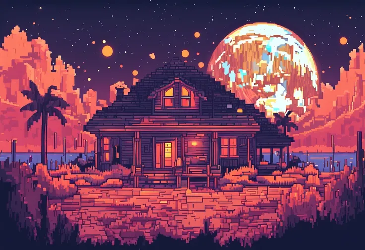 Pixel art of a huge moon in the dark, spoiled night sky, bela arte detalhada do pixel, pixel art detalhado, lo-fi retro videogame, Conceito PixelArt, arte detalhada do pixel, estilo pixel art, cidade de pixel, pixel art animation, pixel art de alta qualida...