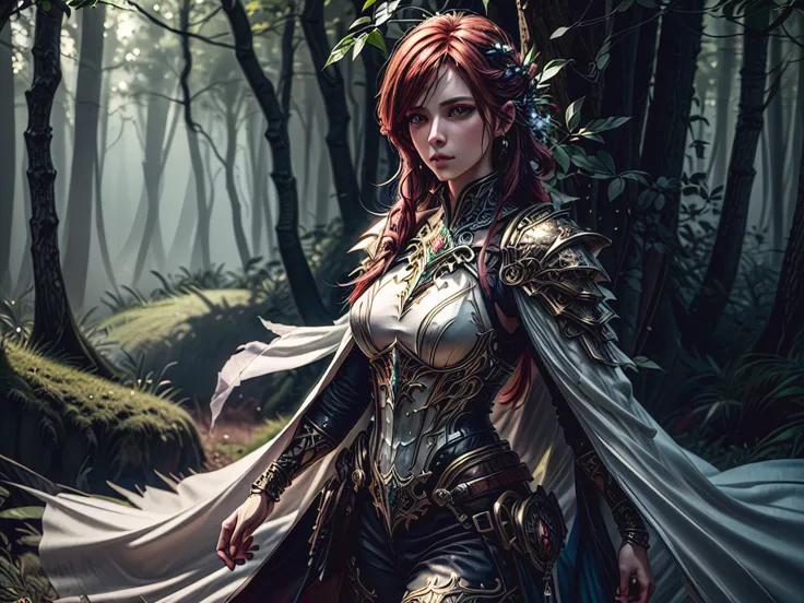 a picture of woman paladin of nature protecting the forest, controlling magical plants, tanjoreai, a woman holy knight, protector of nature, full body (best details, Masterpiece, best quality :1.5), red hair, long hair, full body (best details, Masterpiece...