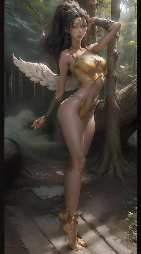 ((masterpiece)),((whole sculptural body)),((wide view of the angel)),4k,photorealism, real,hyper realistic,high res,athletic body,beautiful real sculptural body women, beautiful black african woman,black african royal thin african girl,((in the forest)),21...