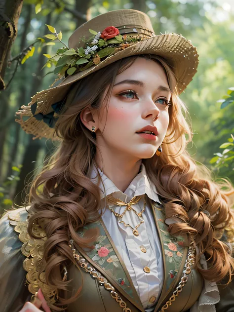 (((A hyper-realistic masterpiece))), hiquality, ultradetail, Stunning Victorian Lady 30K, Horseback riding, Embroidery outfit, in the woods, Face detailing