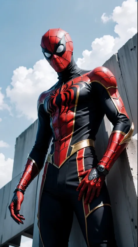 Homem aranha com traje futuristico de cores preto,vermelho e dourado,on top of a building