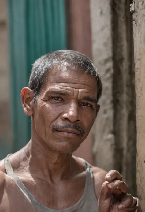 Homem na favela, rosto sofrdo, aparencia de pobre