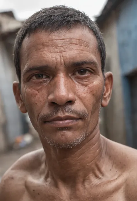 Homem na favela, rosto sofrdo, aparencia de pobre