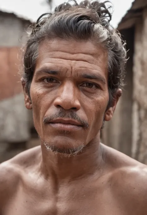 Homem na favela, rosto sofrdo, aparencia de pobrecom cabelo duro