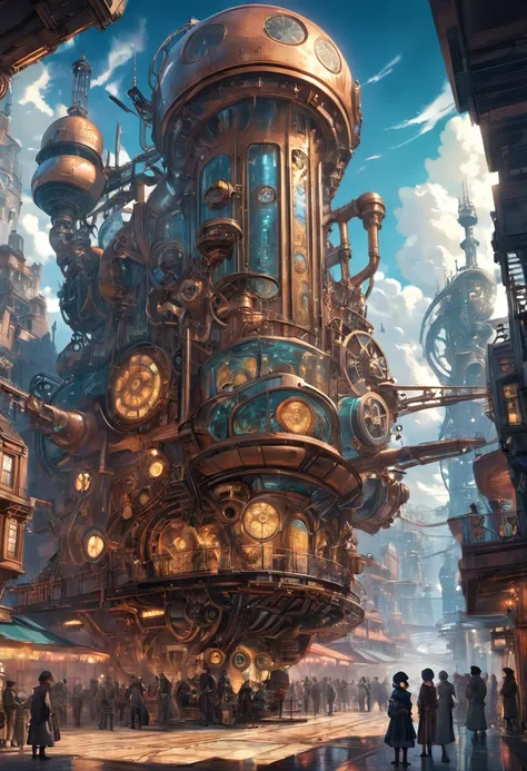 color photo of a mesmerizing hybrid world that blends the elements of steelpunk and steampunk aesthetics. The scene unveils a captivating realm where futuristic technology and Victorian-era machinery coexist in perfect harmony. The landscape is adorned wit...