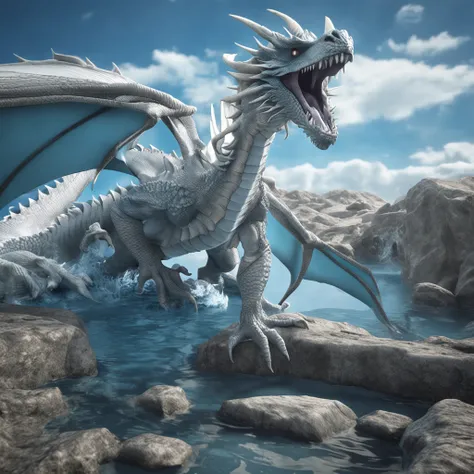 Blue eyes white dragon from Yu-Gi-Oh, blue eyes, flying in the sky above sea water, perfect composition, beautiful detailed intricate insanely detailed octane render trending on artstation, 8 k artistic photography, photorealistic concept art, soft natural...