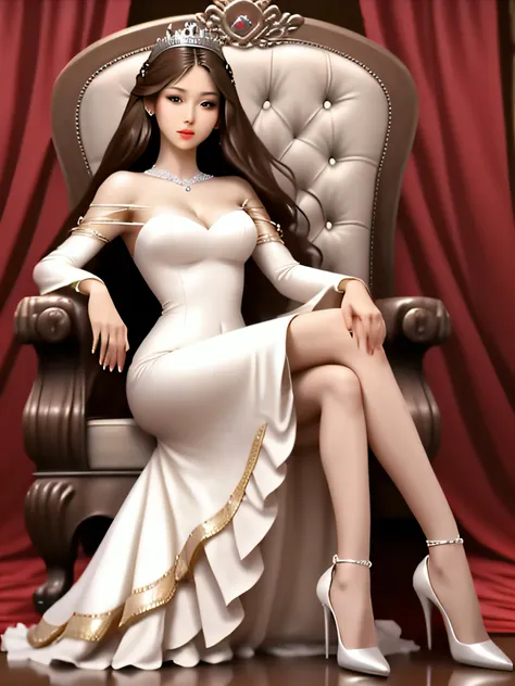 21 year old princess, full length picture from head to feet, light skin, soft features, medium breasts, double eyelid, dark hair, beautiful flowing dress, relaxed on a throne, pearl white strappy high heels, realistic, inside a large ballroom