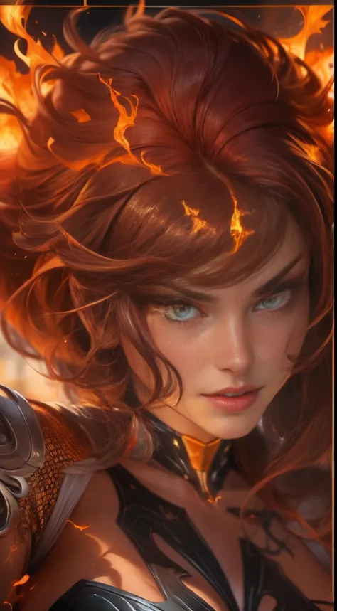 Phoenix (Jean Grey:X-Men) full body, New York City in Time Square, realistically highlighted with realistic fire, including bursts of flame, glowing hot embers, subtle curls of smoke, and a beautiful fire druid. Her face is expertly sculpted, with elegant ...