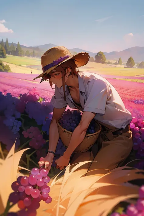 Harvesting grapes　male people　twinks　{{ember}}　a straw fedora hat　field