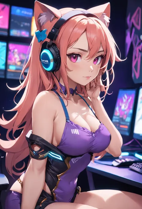 color photo of "garota gamer provocante, sexy, com headset gatinho, perto do seu pc gamer" shot, showcasing a sultry and confident expression on her face, with her lips slightly parted in a playful manner. Her long, flowing hair cascades down her shoulders...