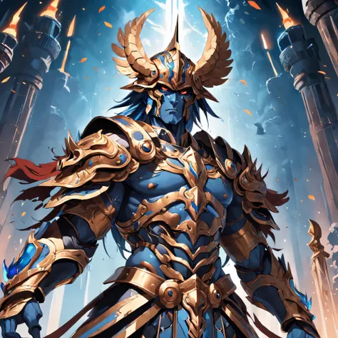 "Envision a formidable and majestic 3D humanoid Ares warrior adorned in intricate armor, exuding power and dominance."