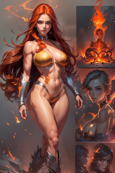 Phoenix (Jean Grey:X-Men) full body, New York City in Time Square, realistically highlighted with realistic fire, including bursts of flame, glowing hot embers, subtle curls of smoke, and a beautiful fire druid. Her face is expertly sculpted, with elegant ...