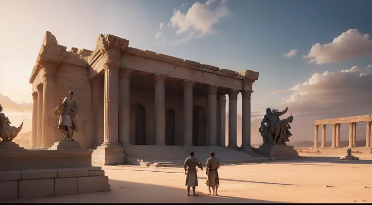 A detailed rendering of the palace of King Minos, with Theseus standing in the foreground, illuminated by the setting sun.