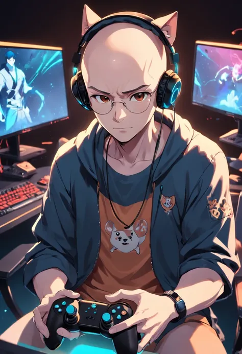 ,color photo of "a bald man gamer, with a headset with dog ears, with his pc gamer" shot, showing a cool and confident expression on his face. Despite being bald, he exudes a sense of charisma and self-assurance. He is dressed in a sleek and stylish gaming...