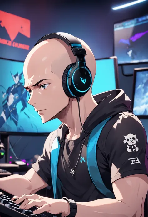 ,color photo of "a bald man gamer, with a headset with dog ears, with his pc gamer" shot, showing a cool and confident expression on his face. Despite being bald, he exudes a sense of charisma and self-assurance. He is dressed in a sleek and stylish gaming...