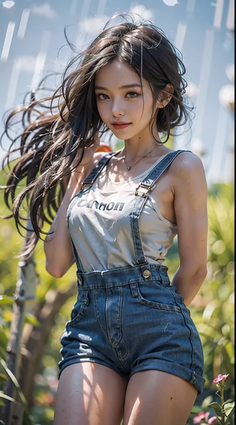 NSFW, 1girl in, Well-formed face, Ideal ratio body proportions, Sunnyday, (((Long trouser overalls))), (((sleeveless t shirt))), Wet, Smiling smile, de pele branca, A slender, Dark hair, short-hair, beauty legs, Small buttocks, surrealism, Cinematic lighti...