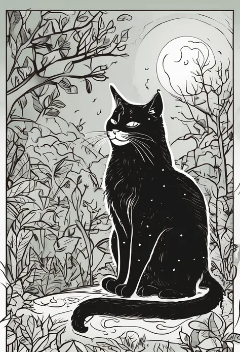 gato inteiramente preto, cartoon, tarot, lua, bosque