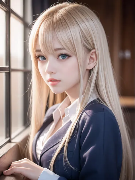 portlate、School Uniforms、bright expression、Young shiny shiny white shiny skin、Best Looks、Blonde reflected light、Platinum blonde hair with dazzling highlights、shiny light hair,、Super long silky straight hair、Beautiful bangs that shine、Glowing crystal clear ...