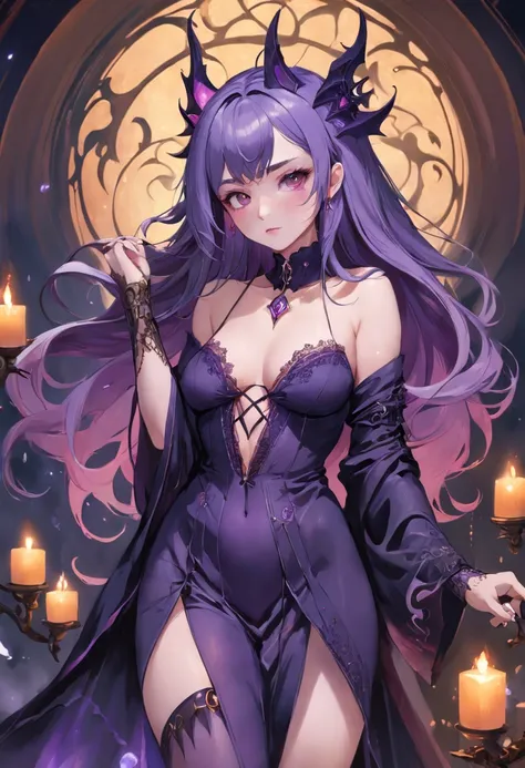 color photo of "a very beautiful, sexy witch with purple hair, in sexy witch style clothes" shot, featuring a stunning and alluring witch. Her long, flowing purple hair cascades down her back, adding a touch of mystique to her appearance. She is dressed in...