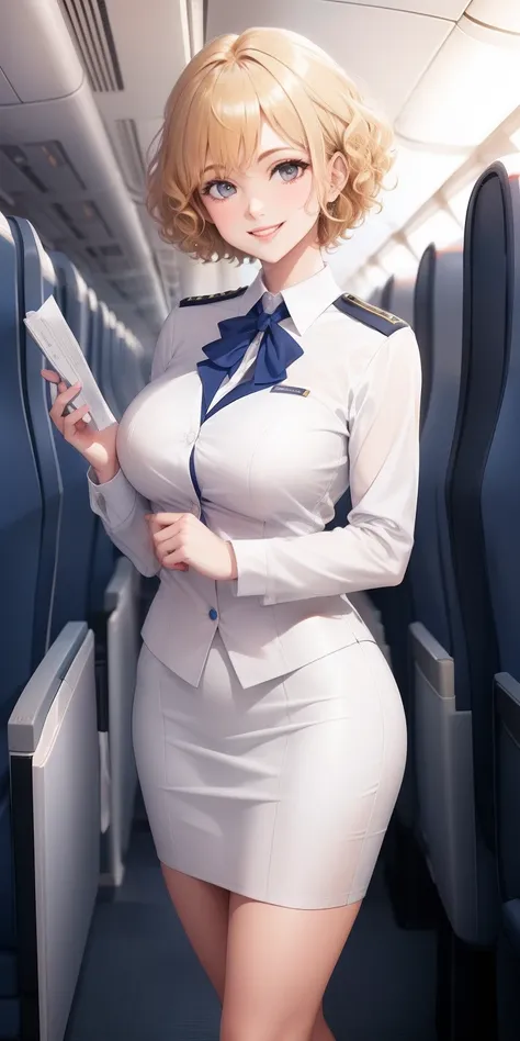 (white flight attendant uniform),looking at viewer,smiling,happy,curly blond short hair, standing, inside the airplane,