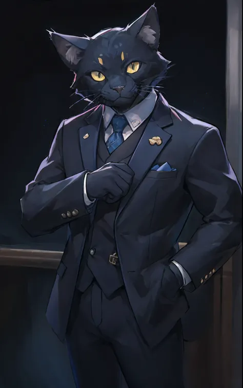 A black cat in a suit and tie is standing in front of the window, He has an open smile, in a strict suit, in a strict suit, Dark suit, in his suit, he is wearing a suit, Wearing a strict business suit, Commission for high resolution, Trending on ArtStation...