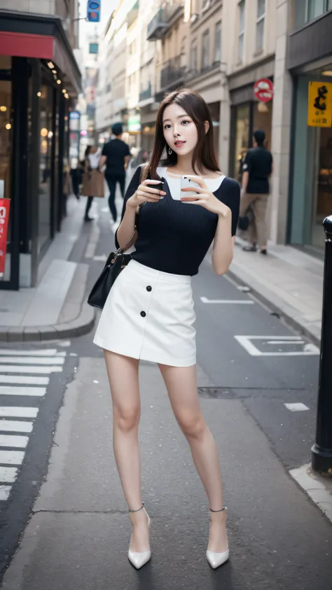 Beautiful woman, fiddling with cell phone in the middle of the street, short clothes